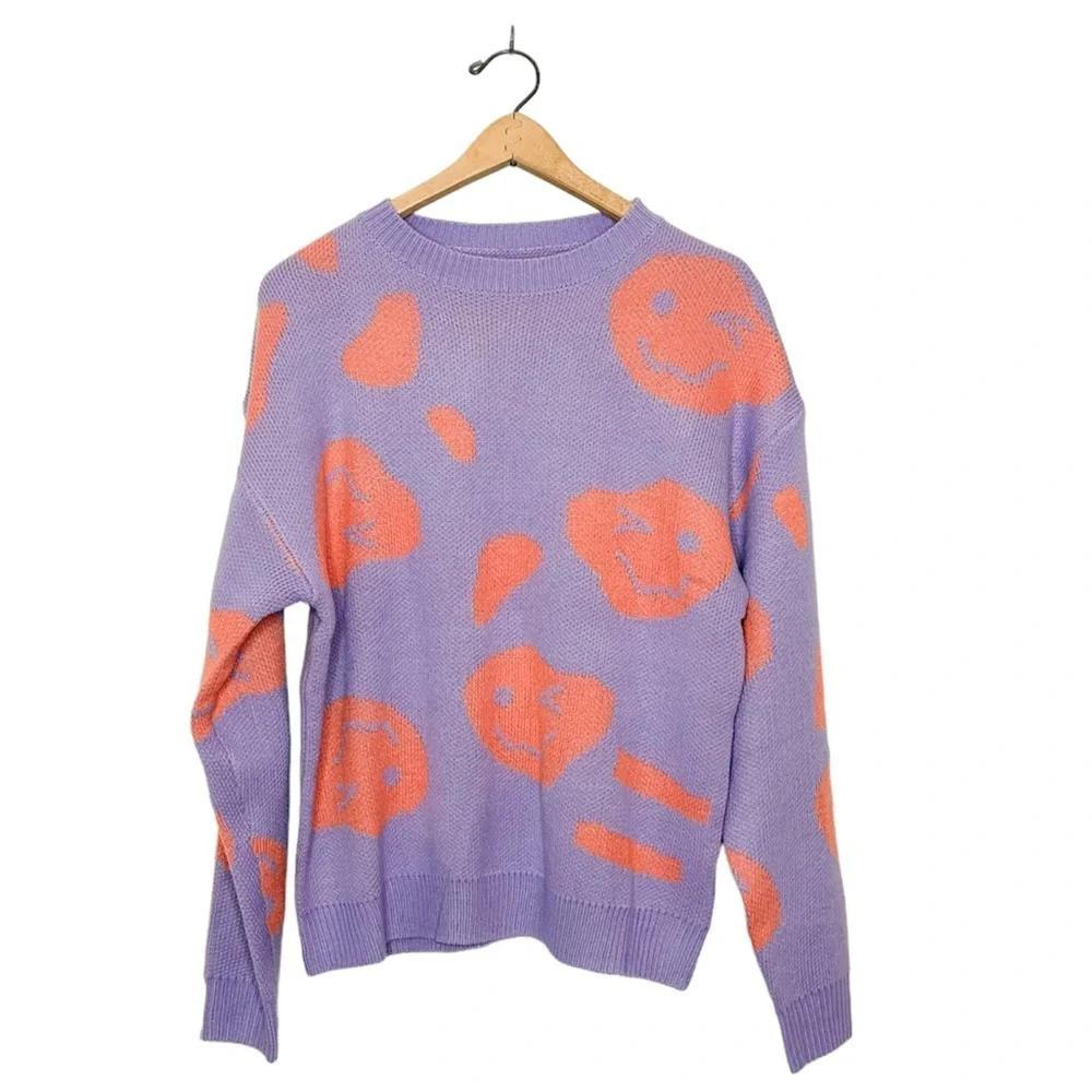 SHEIN Smiley Face‎ Emoji Pastel Purple Knit Crew Neck Sweater Medium M